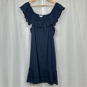 Time & Tru Eyelet Ruffle Mini Dress Size L Navy Blue Coastal Beachy Pockets